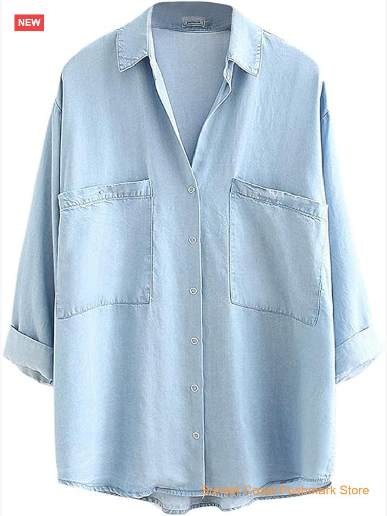 Women's Button Down Denim Shirt 3/4 Sleeve Tencel Blue Jean Top